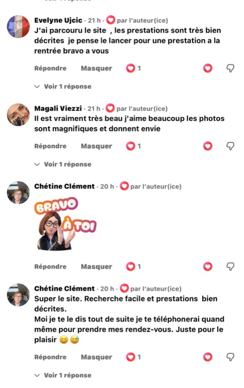 Commentaires Facebook : « les photos sont magnifiques et donnent envie », « Bravo à toi », « Super le site, recherche facile et prestations bien décrites »