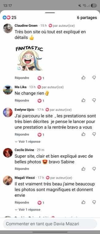 Publication Facebook de Sabine : 25 réactions, 6 partages et de nombreux commentaires positifs sur son nouveau site